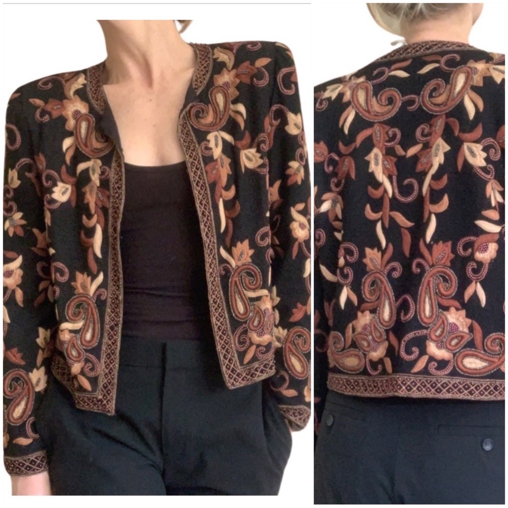 Laurence Kazar Black and Brown Embroidered Blazer